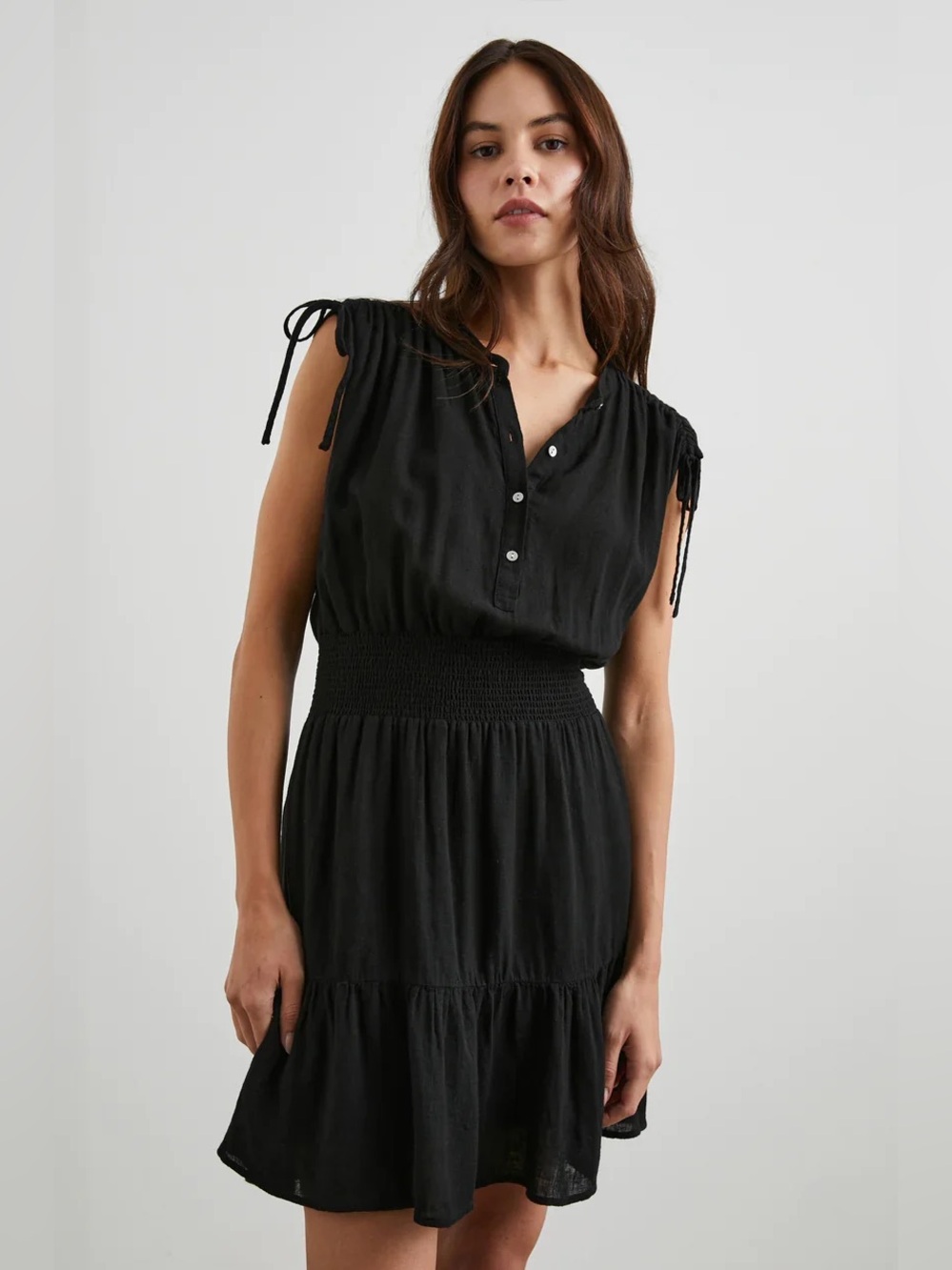 NWT RAILS Samina Women's Black Smocked Waist Tie-Shoulder Dress M